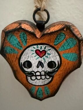 Handpainted Heart Skull by LA Artist - Orange & Teal 2.5 inches